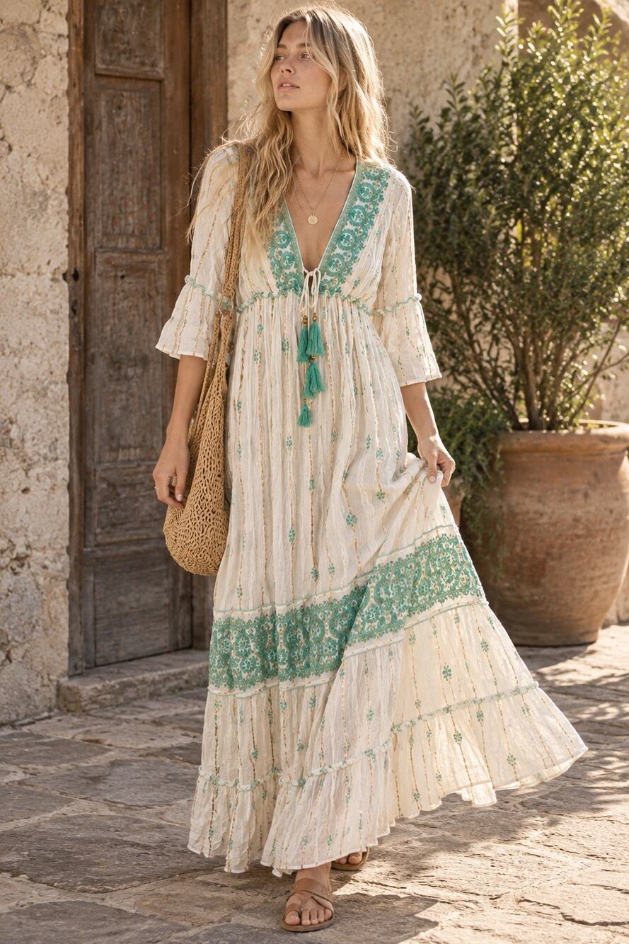 Anthropologie Magic Ivory Turquoise Lurex Maxi Dress M Embroidered Boho Tassels